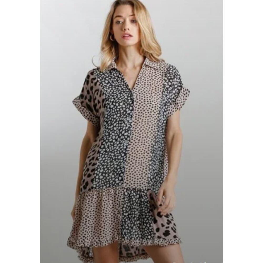 Umgee Women's Sheer Mixed Animal Print High Low Hem Dress‎ Size Small